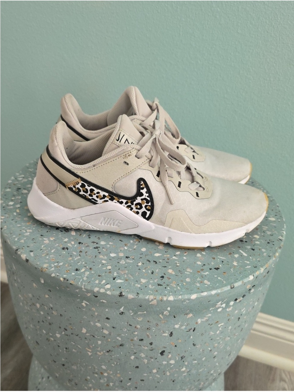 Nike Beige Sneakers with Leopard-Print Swoosh